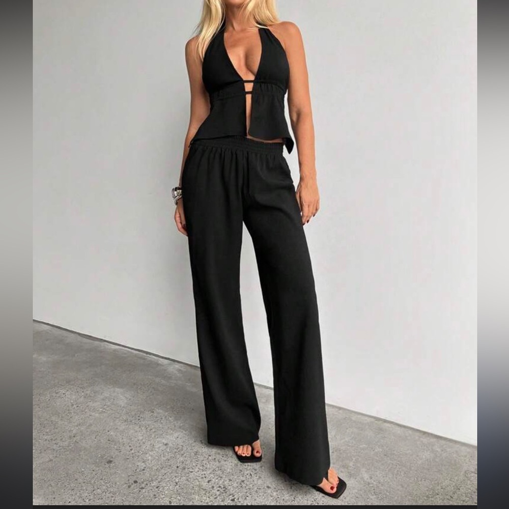 Women’s Black Wide-Leg Pants & Halter Top Set